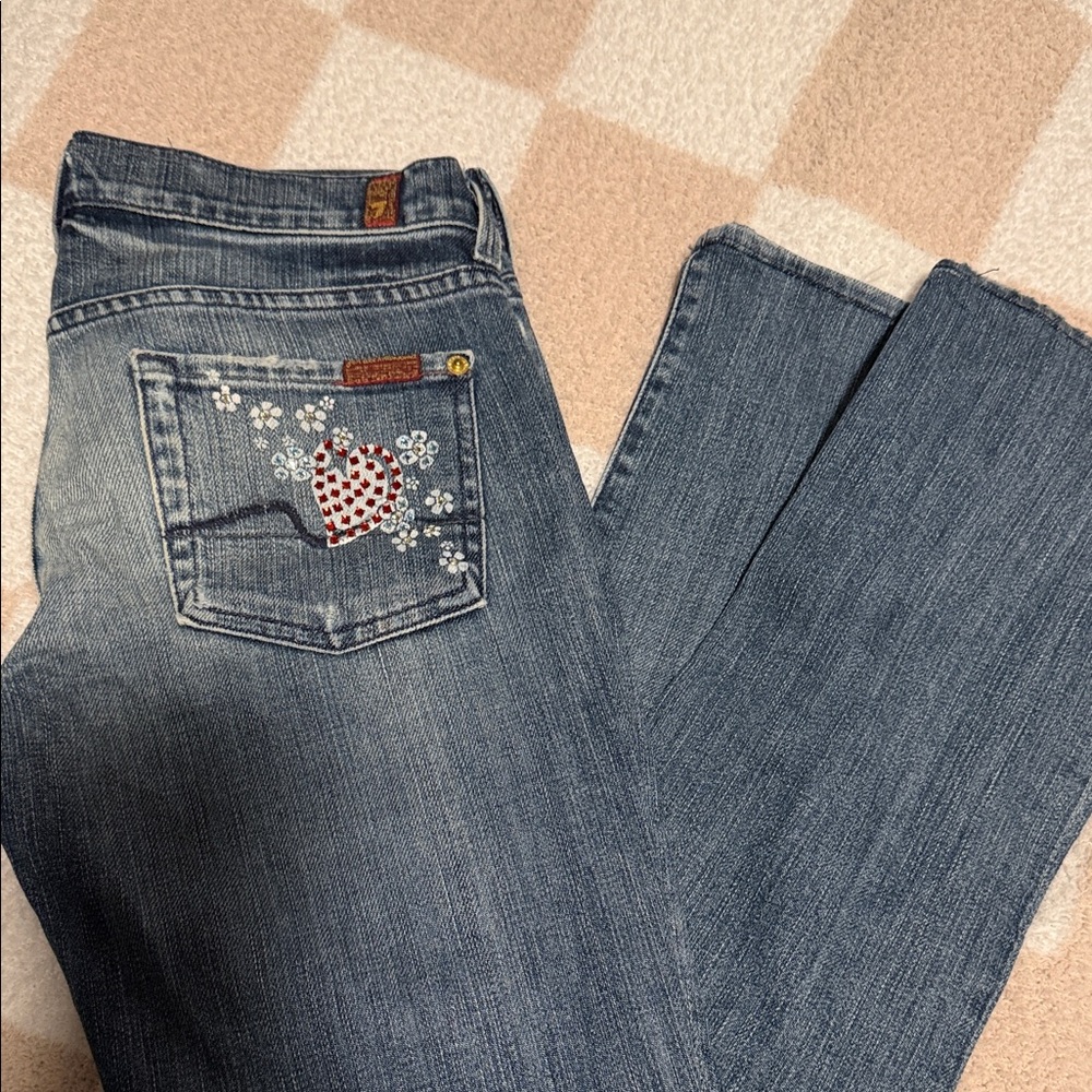 7 For All Mankind Blue Boot Cut Jeans with Heart Embroidery